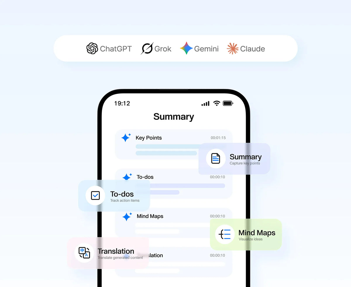 AI Summary &amp; Mind Map
Powered by leading AI models including ChatGPT, Claude, Gemini, and Grok, Boya Notra Nano turns recordings into summaries, to-dos, and mind maps with a single tap. Translate content anytime to make information easier to understand and share.