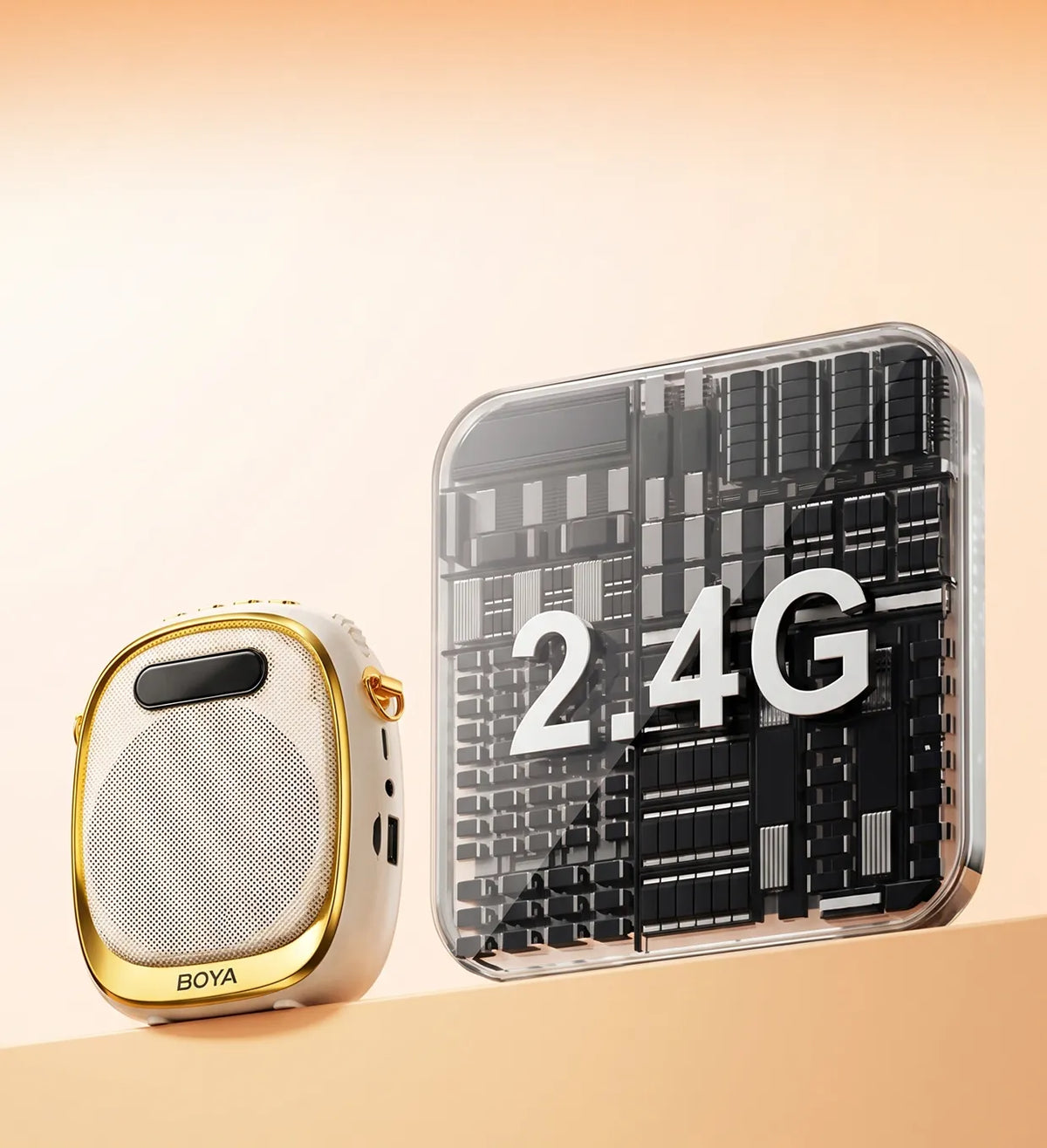 2.4 GHz Quick Pairing


  Power on and pair in one second through a 2.4 GHz wireless connection. The transmitter links to the speaker automatically, so you can start speaking without setup delays.
