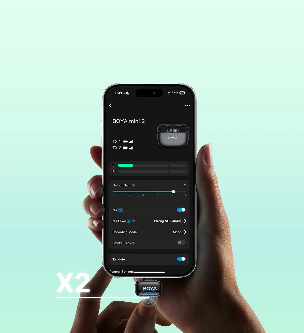 

  Mute in a Double Tap

  
    Mute your mic with a quick double-press on the receiver or directly in the app. Get instant privacy and full control without stopping your recording or breaking your flow.
  



