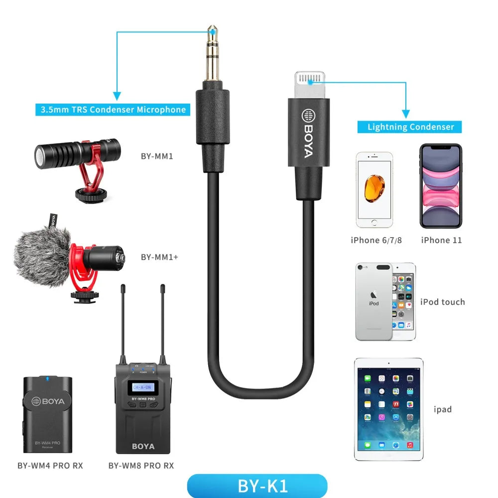 Microphone Adapter BOYA BY-K1-K9 3.5mm TRRS/TRS Audio Converter Adapter iphone Android Camera for Micr Extension Cable 0.6cm