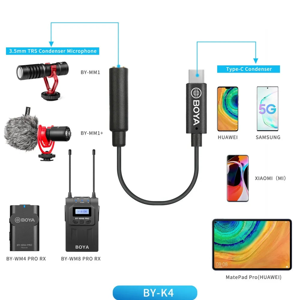 Microphone Adapter BOYA BY-K1-K9 3.5mm TRRS/TRS Audio Converter Adapter iphone Android Camera for Micr Extension Cable 0.6cm