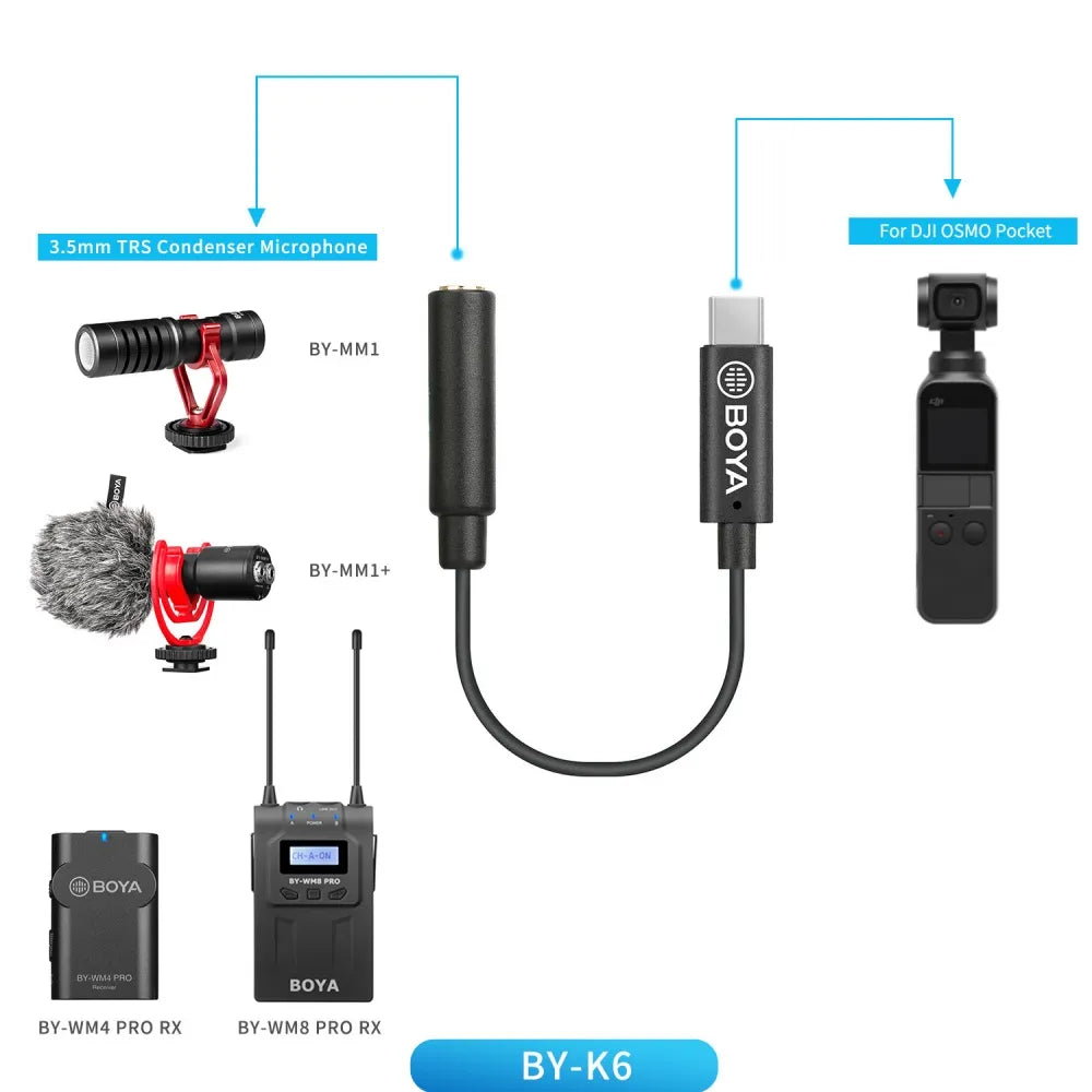 Mikrofonadapter BY-K1-K9 | 3,5 mm TRRS/TRS -Audio -Konverter -Adapter iPhone Android -Kamera für mic -Verlängerungskabel 0,6 cm