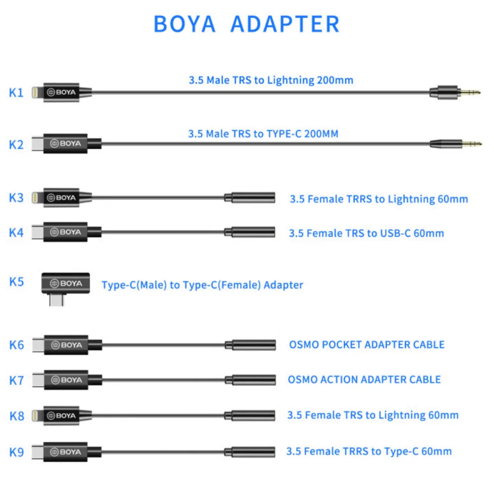 Adaptador de micrófono BY-K1-K9 | Adaptador de audio TRRS/TRS de 3.5 mm Cámara Android para cable de extensión MICR 0.6cm